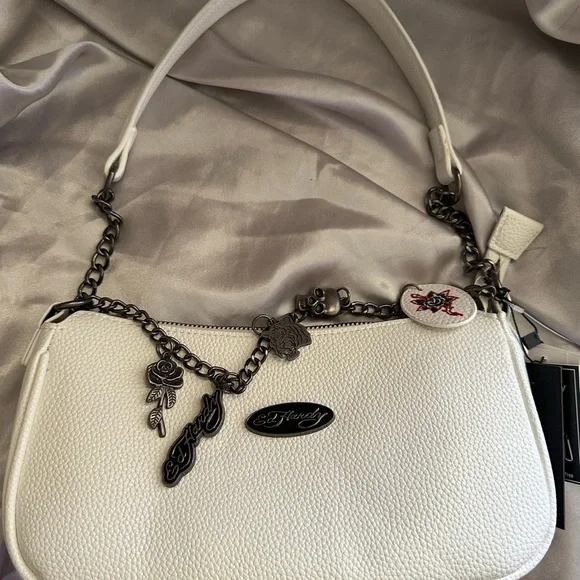Ed Hardy White Shoulder Bag with Black Chain Details - Picture 4 of 6